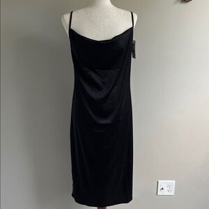 Black Slip Satin Midi Dress Cowl Neck Size Large